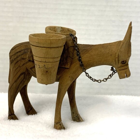 Hand Carved Wooden Mule Donkey Water Barrels Chain Rein Miniature Brown - Picture 7 of 9